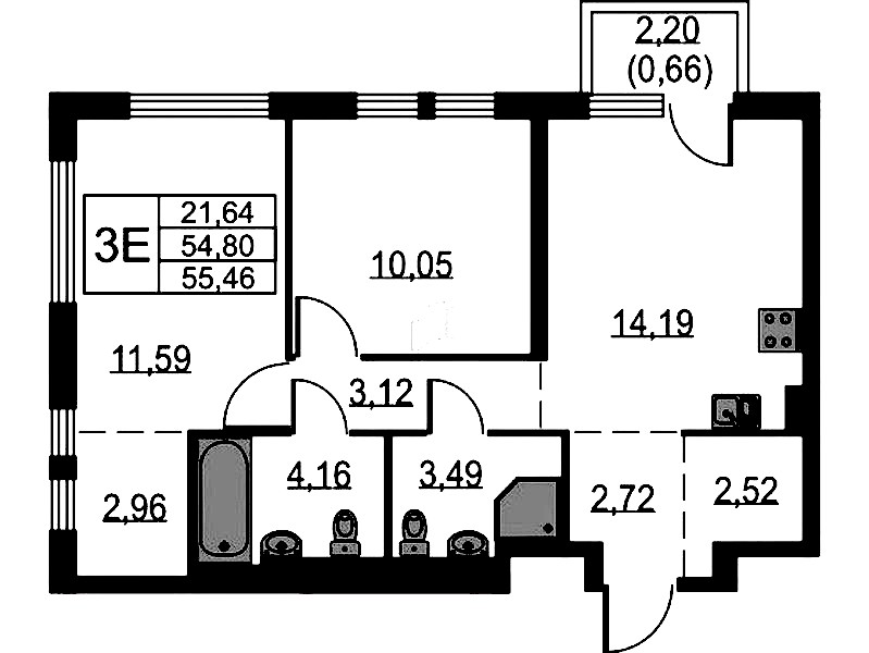 2-комнатная квартира 55.46 м², 13/15 эт., ЖК «Невская Долина»